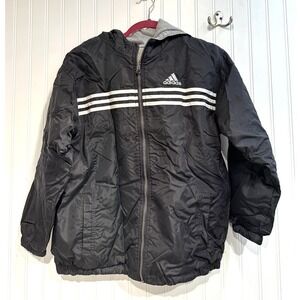 Adidas Reversible Jacket‎ Size L Youth Black White Gray Hooded Three Stripe